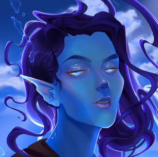 A digital portrait of a blue water Genasi DnD character with medium blue skin, light blue eyes, and dark blue hair that is floating around. She also has webbed ears and gold eyeliner. Behind her, there is a peaceful sky with white puffy clouds.